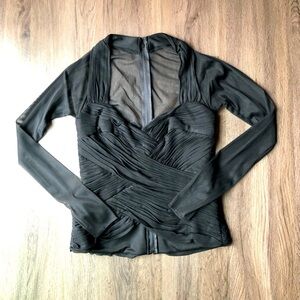 JS Collections Black‎ Formal Evening Blouse Size 6  Mesh Long Sleeve Faux Wrap